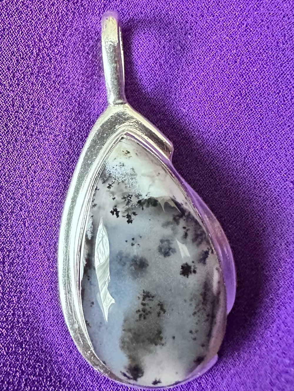 Artisan Handcrafted Silver Dendritic Agate Teardrop Pendant - White and Black